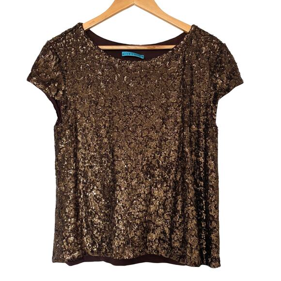 Alice + Olivia Tops - Alice + Olivia Chocolate Brown Sequin Top Short Sleeve Size M Sparkle Party
